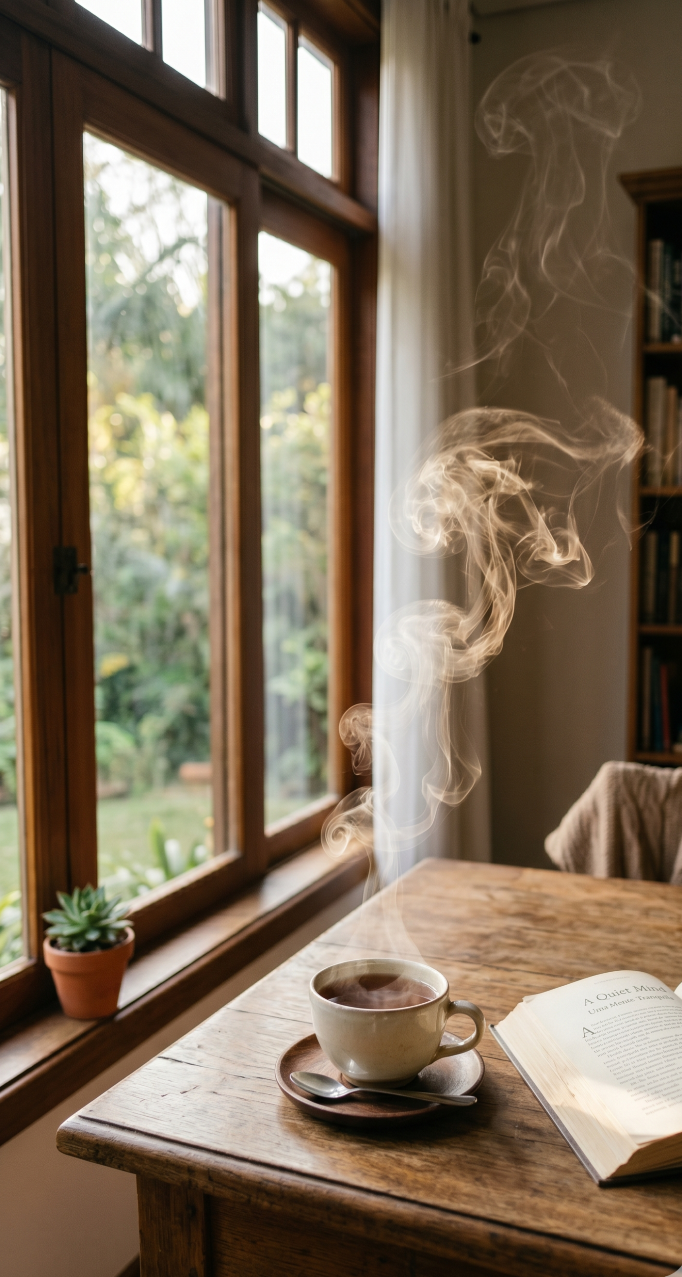 Uma xícara de chá fumegante sobre uma mesa de madeira em um ambiente iluminado, simbolizando a paz de espírito e o alívio emocional de uma mãe.