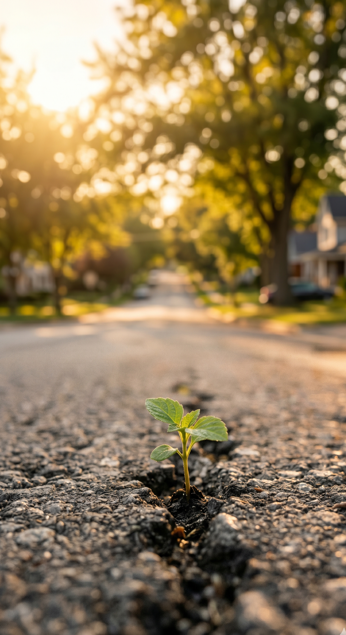 Um pequeno broto verde crescendo através de uma rachadura no asfalto sob a luz do pôr do sol, simbolizando resiliência e o fim da culpa para famílias de dependentes.