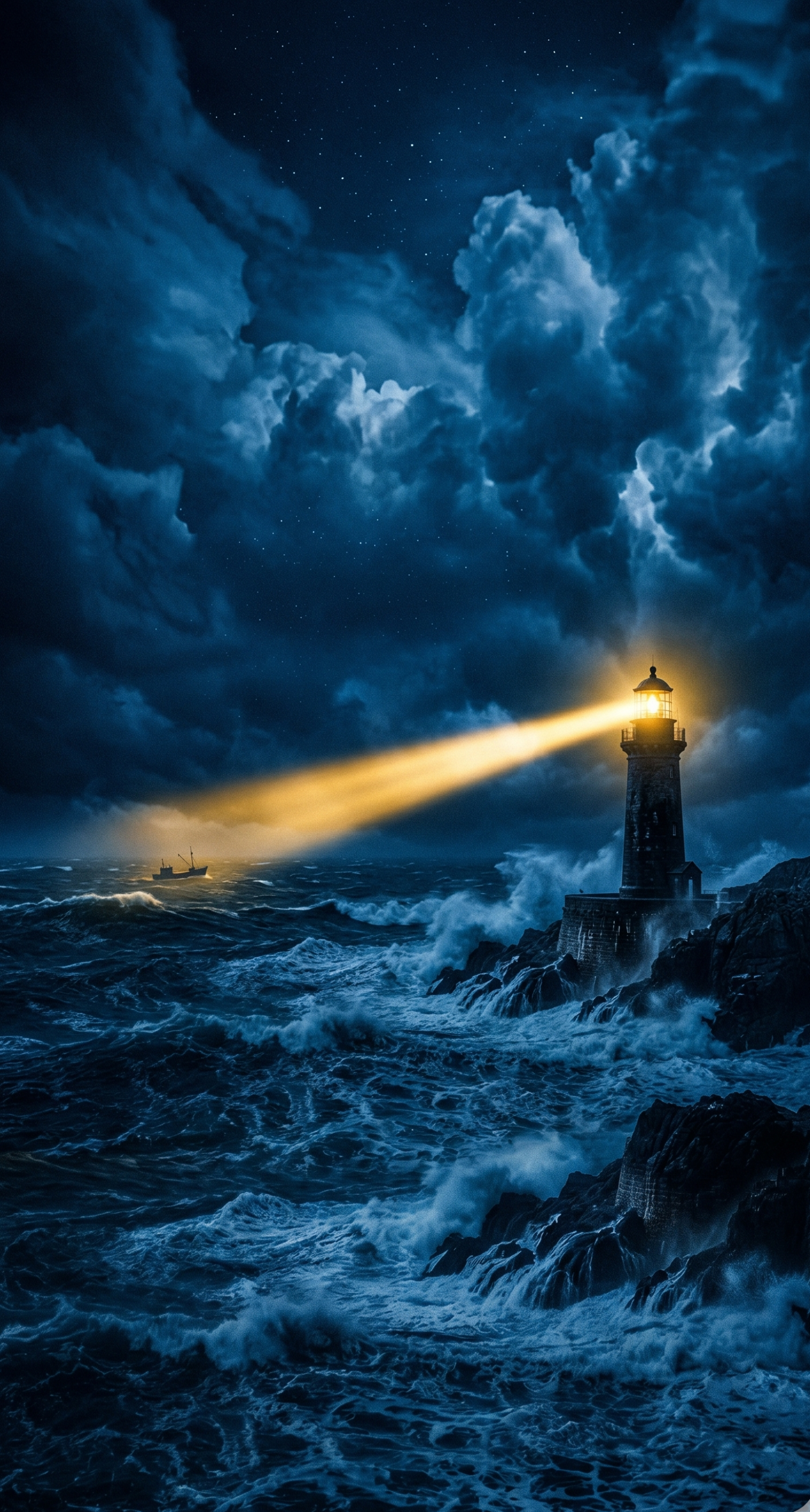 Um farol iluminando o mar agitado durante uma noite de tempestade, simbolizando a clareza e o controle estratégico que a família assume ao entender o método.