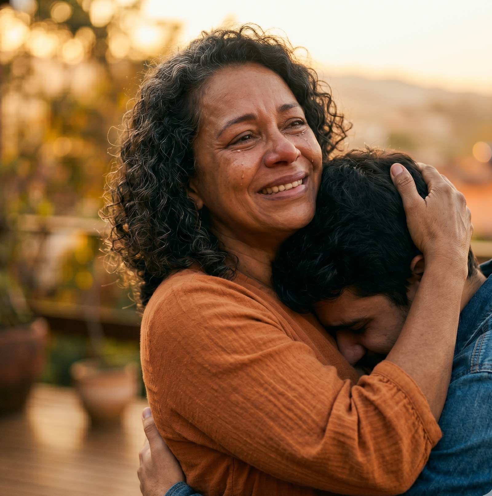 Mãe abraçando o filho com expressão de alívio e paz, simbolizando o resgate familiar através do método Mente de um Dependente.