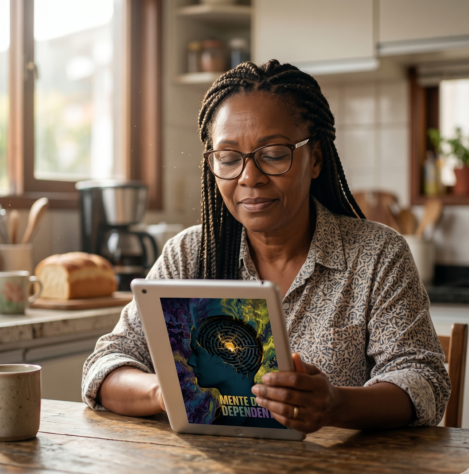 Mãe negra brasileira sorrindo ao ler o e-book Mente de um Dependente em seu celular, simbolizando o aprendizado e a busca por clareza familiar.